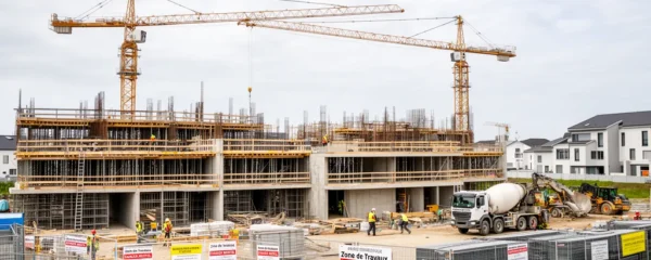 Chantier de construction immobilière avec grues et bâtiments en cours dans zone urbaine