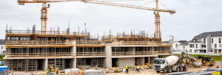 Chantier de construction immobilière avec grues et bâtiments en cours dans zone urbaine