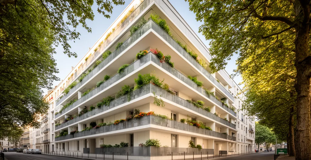 Façade d'immeuble résidentiel moderne avec balcons et espaces verts dans quartier urbain