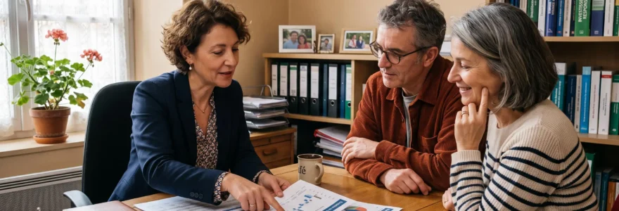 Un conseiller explique des documents obligataires à un couple dans un bureau.