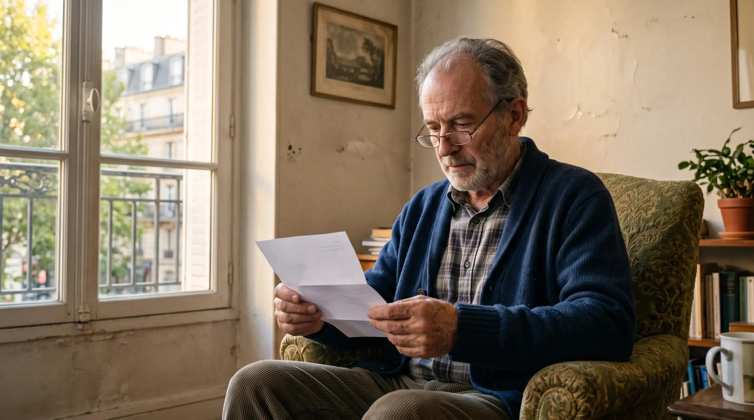 Un retraité lisant attentivement un courrier bancaire près d'une fenêtre.